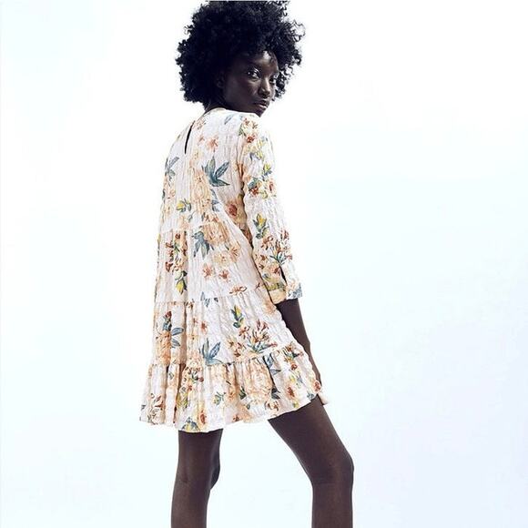 Zara Multicolor Floral Textured 3/4 Sleeve Tiered Flounce Hem Mini Shift Dress M - Picture 4 of 16